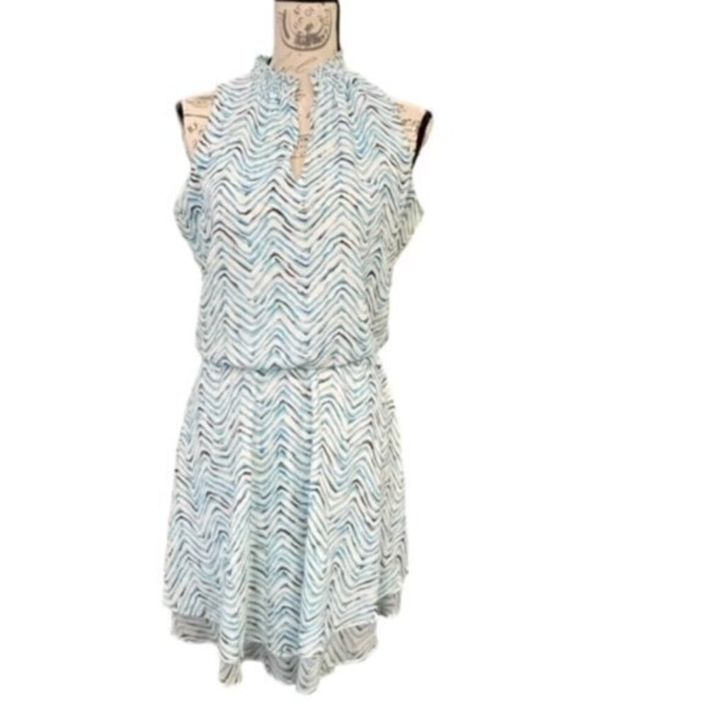 White House Black Market‎ Sleeveless Dress Blouson Smocked Blue White Gold PARTY
